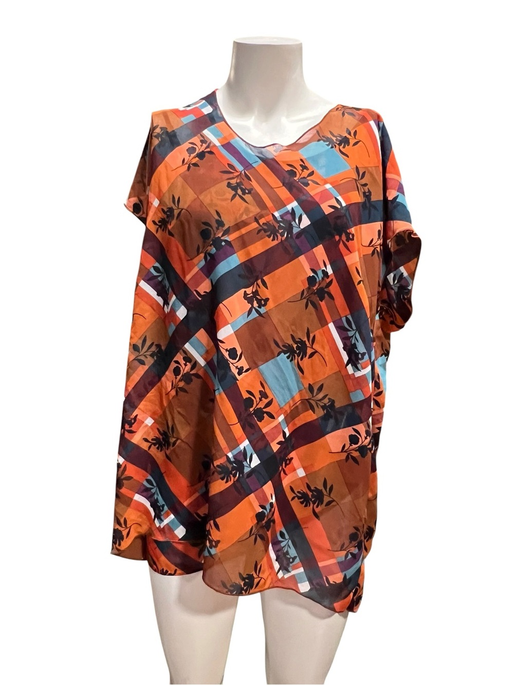CAbi Orange Plaid Floral Short-Sleeve Tunic with Blue Accents